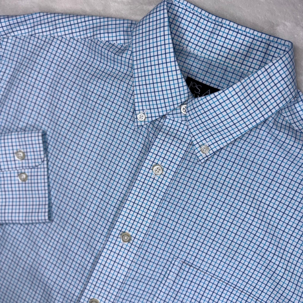 Jos. A. Bank Dress Shirt Men M Blue White Tattersall Check Cotton Long Sleeve